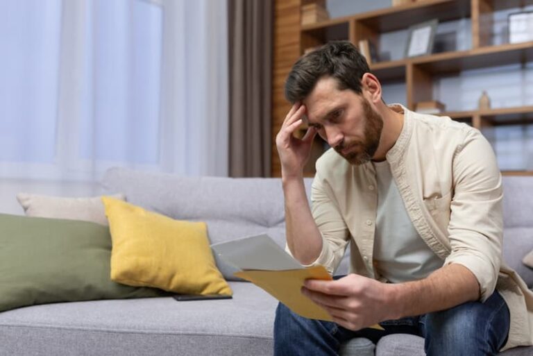 Ein Mann sitzt besorgt auf dem Sofa, was passiert bei Verdienstausfall?