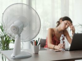 Eine Frau sitzt mit Ventilator im Büro, gibt es Hitzefrei im Job?