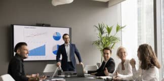 Ein Projektleiter hat ein Meeting mit Beschäftigten. Sie sind motiviert und freuen sich über den Unternehmenserfolg, da es Aktienoptionen für Mitarbeiter gibt.