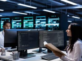 Zwei IT-Mitarbeitende arbeiten im Rechenzentrum eines Unternehmens. Bei IT-Sicherheit wird auf Insourcing gesetzt.